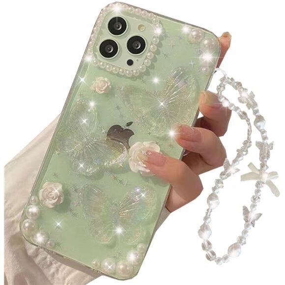 iPhone 16, 16 Pro, 16 Pro Max Bling Butterfly Glitter Case w/ Pearl Strap - Picture 7 of 7
